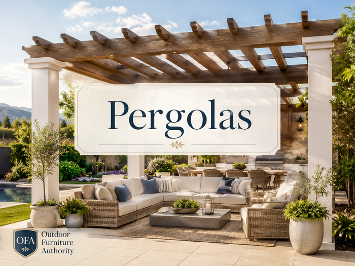 Pergolas collection image showing a backyard patio with wooden pergola, outdoor sectional seating, coffee table, poolside landscaping, shaded lounge area, and The Outdoor Furniture Authority logo.