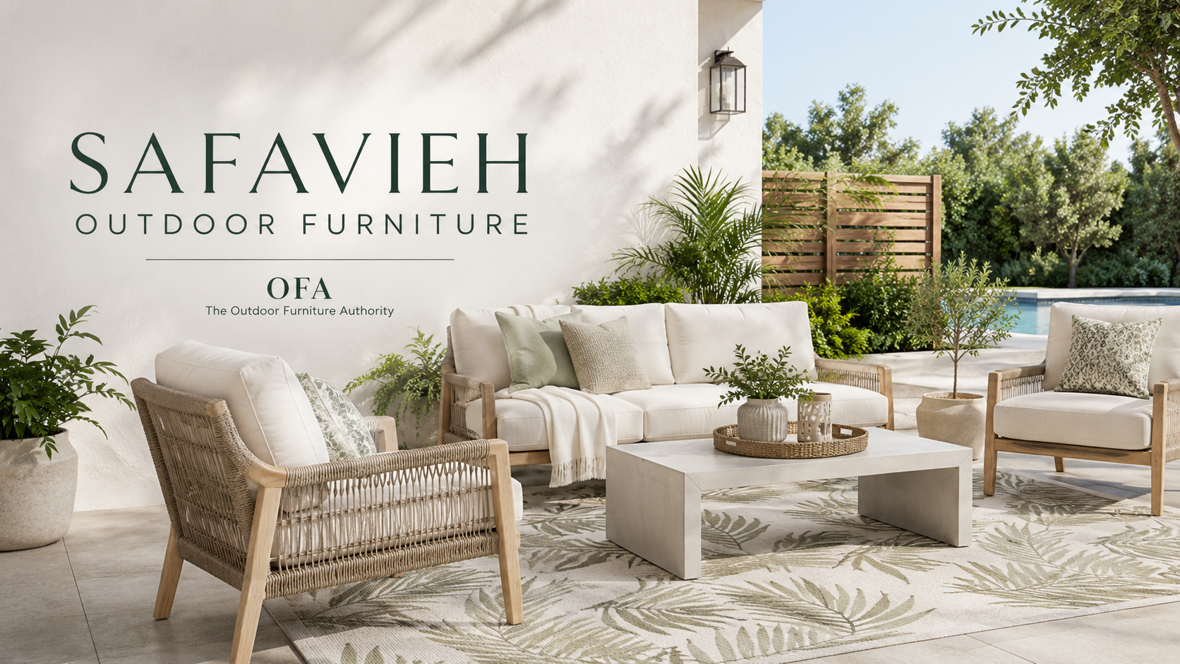 Safavieh outdoor furniture collection image showing stylish patio seating, outdoor table, outdoor rug, backyard decor, garden plants, and premium patio furniture with Safavieh brand name text.