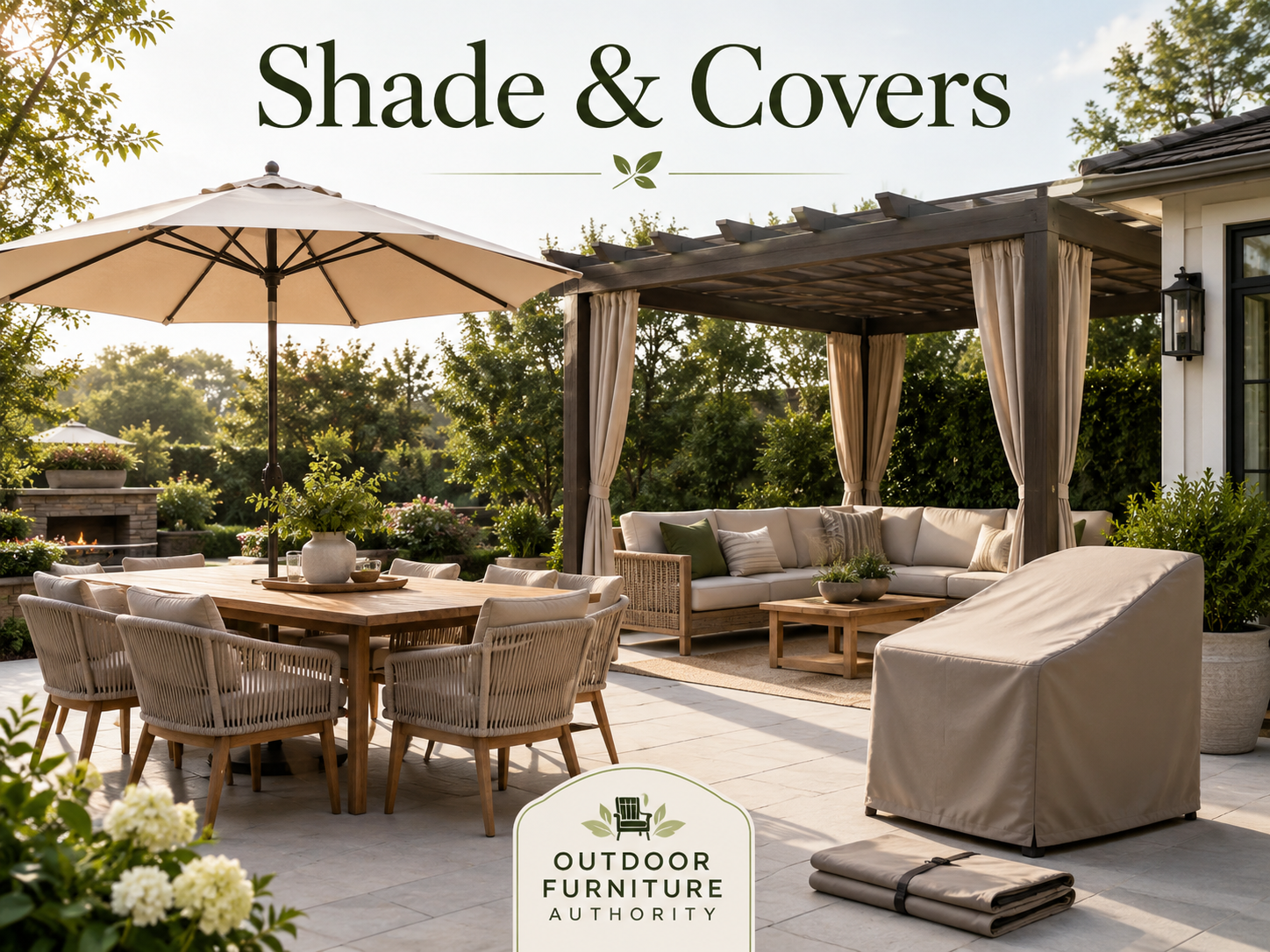 Shade and covers collection image showing a backyard patio with umbrella, pergola, covered seating area, patio dining set, furniture cover, folded outdoor cover, and shaded outdoor living space.
