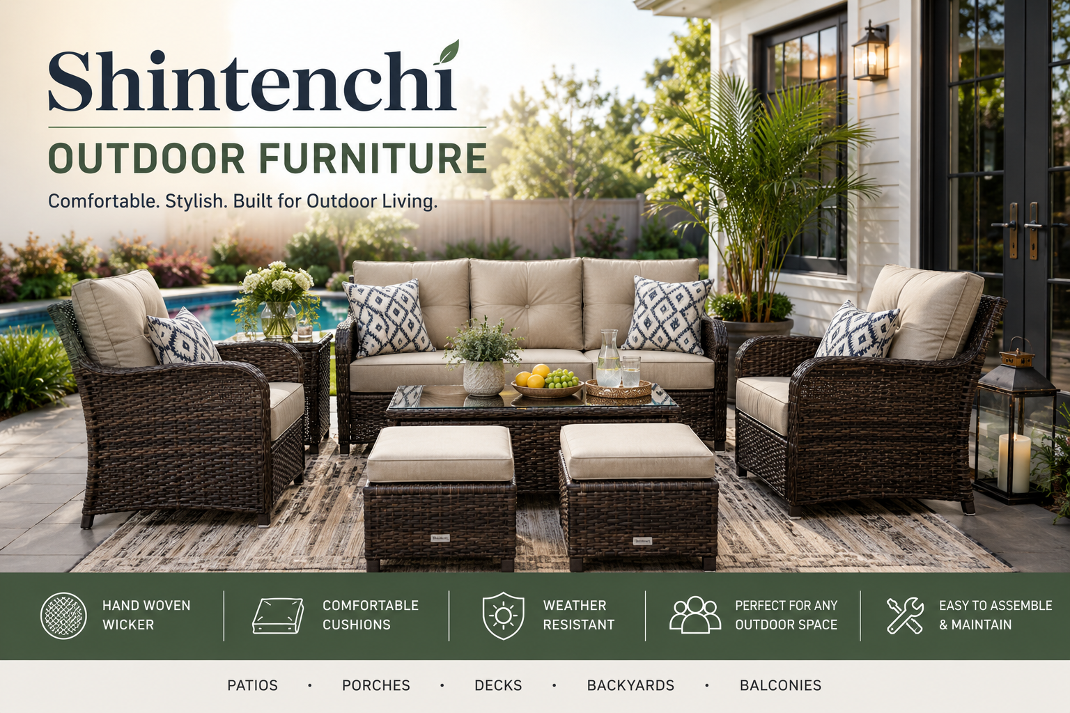 Shintenchi outdoor furniture collection image showing wicker patio conversation set, cushioned chairs, loveseat, coffee table, backyard seating, and outdoor living space with Shintenchi brand name text.