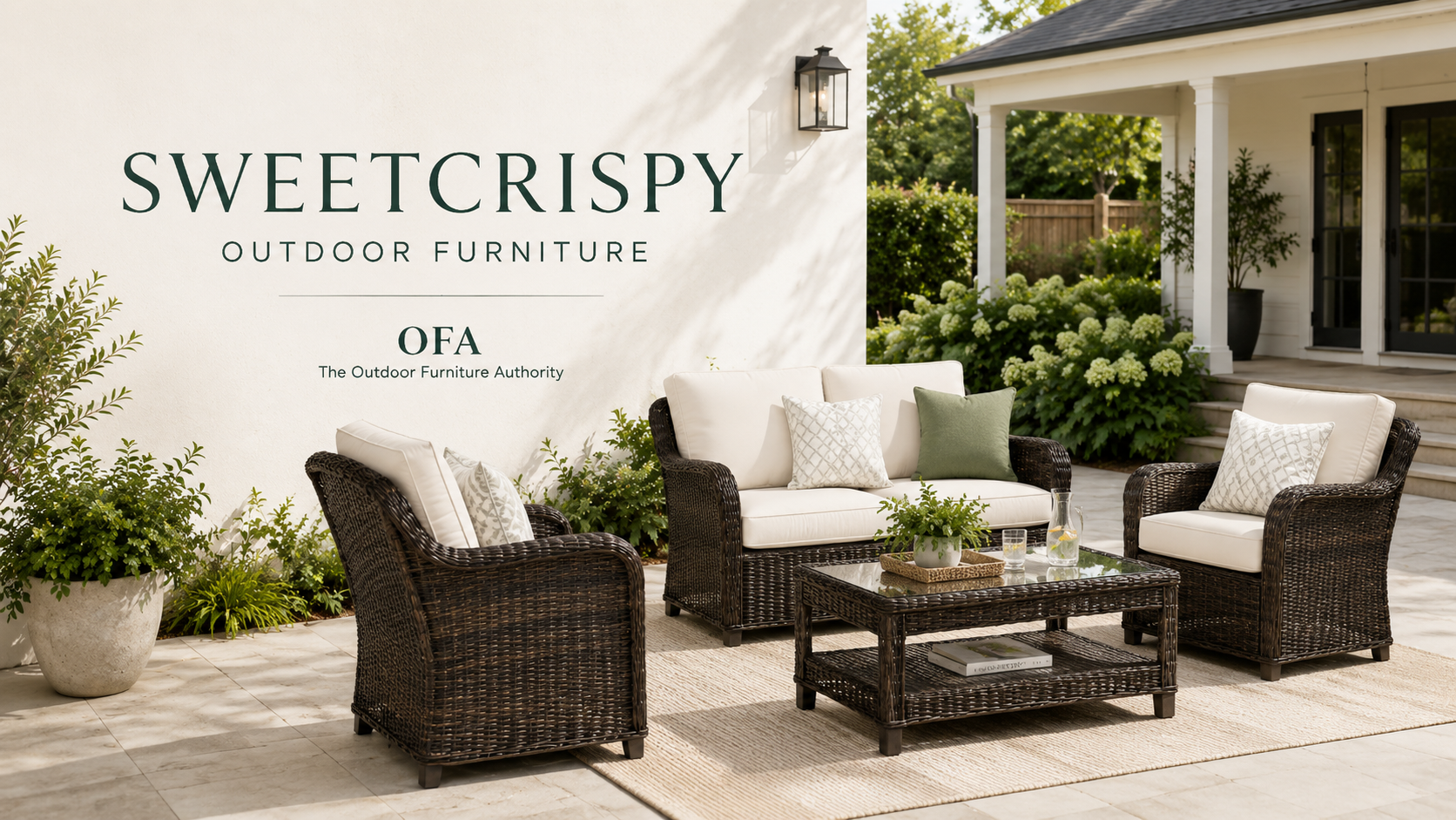 Sweetcrispy outdoor furniture collection image showing patio conversation set, cushioned outdoor chairs, loveseat, coffee table, backyard seating, and outdoor living space with Sweetcrispy brand name text.