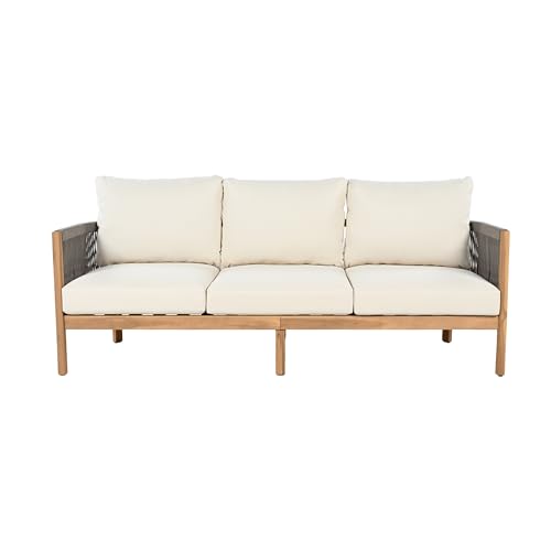 Christopher Knight Home Havets 5 Pieces Outdoor Acacia Furniture Set, Woven Rope Loveseat and Accent Club Chairs, 6" Thick Cushions Sofa and Coffee Table Set for Backyard Garden Balcony, Gray+Beige