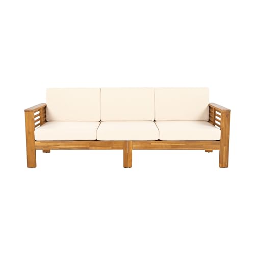 Christopher Knight Home Havets 3 Pieces Outdoor Acacia Furniture Set, Slat Panel Couch, Spacious Seating Armchair, 6" Thick Cushions Sofa and Coffee Table Set for Backyard Garden Balcony, Teak+Beige