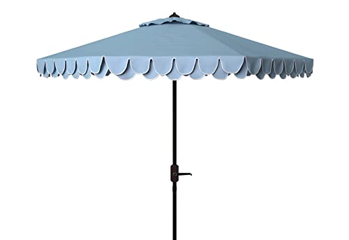 SAFAVIEH Outdoor - Valance 9-Foot Crank Patio Umbrella - Baby Blue & White Canopy - Brown Aluminum Pole - Decorative Petal Valance Trim - Ideal for Patio, Deck, Poolside, Backyard (PAT8006U)