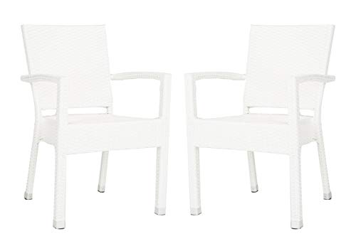 SAFAVIEH Outdoor - Kelda Set of 2 White Faux Wicker Arm Chairs, Stackable Patio Dining Chairs with Aluminum Frame, Fully Assembled Outdoor Seating (PAT4004D-SET2)