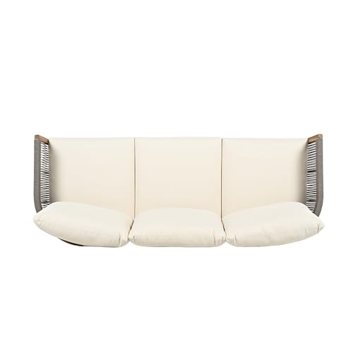 Christopher Knight Home Havets 77"W Outdoor 3 Seater Sofa, 6" Thick Cushion Couch, Acacia Wood Bench Sofa, Comfy Woven Rope Armchair, Spacious Seating Bench Couch for Backyard Garden Porch, Gray+Beige