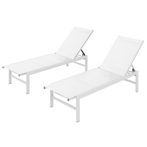 Vexwalx Outdoor Lounge Chairs Set of 2, Aluminum Patio Chaise Lounge Chairs with 5-Position Recliner, Pool Lounge Chairs for Backyard, Poolside, Deck, Lawn (White)