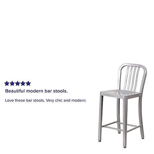 Flash Furniture Gael Commercial Grade 2 Pack 24" High Silver Metal Indoor-Outdoor Counter Height Stool with Vertical Slat Back