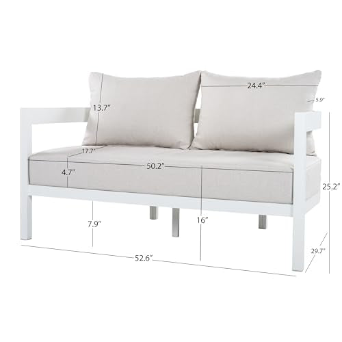 Christopher Knight Home Lula 7-Seater Patio Furniture Set with Coffee Table, 5 Piece Outdoor Conversation Set with Cushion, Aluminum Outdoor Sectional Sofa Set, White+Beige