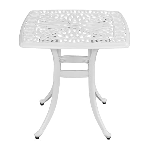 VINGLI 21" Cast Aluminum All Weather Round Patio Coffee Table Porch Bistro End Table (White)
