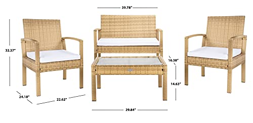 SAFAVIEH Outdoor - Bassey 4-Piece Conversation Set - Natural & White - Steel Frame with Cushion - Tropical Resort Woven Design with Glass Top Table - Ideal for Patio, Deck, Porch, Backyard (PAT7507D)