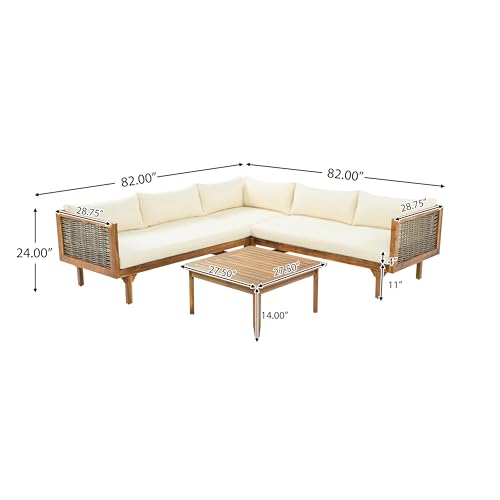 Christopher Knight Home Tenntt 5-Seater Acacia Wood Patio Furniture Set, Outdoor Conversation Sofa Chat Set with Coffee Table, Wicker Arm, Sectional Seating Group for Backyard Balcony, Teak+Beige