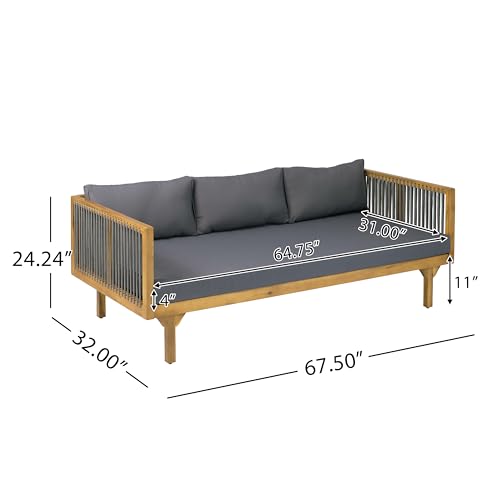 Merax Acacia Wood Outdoor Patio Loveseat Sofa w/Coushion and & Light Brown Rope, 3-Seater Sofa Daybed for Backyard, Lawn, Deck, Balcony, Water Repellent Fabric, 600 lbs Capacity,Teak + Gray
