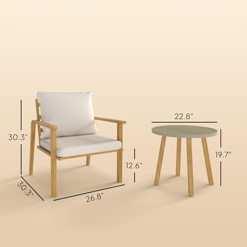 Outsunny Outdoor Bistro Set, 3 Piece Patio Set, Wood Effect Steel Round Table and Chairs with Wide and Deep Seat, Small Conversation Patio Furniture with Cushions for Backyard, Porch, Cream White