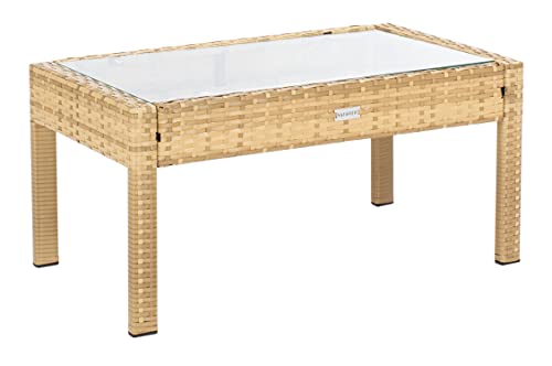 SAFAVIEH Outdoor - Bassey 4-Piece Conversation Set - Natural & White - Steel Frame with Cushion - Tropical Resort Woven Design with Glass Top Table - Ideal for Patio, Deck, Porch, Backyard (PAT7507D)