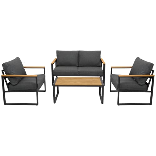 COMLAX FIELD Patio Furniture Set, 4 Pieces Outdoor Patio Furniture with Coffee Table Set, Metal Patio Conversation Sets with Washable and High-Resiliency Sponge Cushions,Upgarded Grey