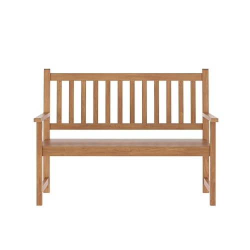 Flash Furniture Adele Commercial Indoor/Outdoor Acacia Wood Bench, 2-Person Slatted Patio Loveseat, for Use in Yard, Garden, Porch, or Park, Brown