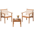 Greesum Outdoor Patio Furniture, 3 Piece Bistro Sofa Set with 1 Coffee Table and 2 Chairs, Acacia Wood Conversation Sets with Cushions, for Garden, Backyard, Poolside, White