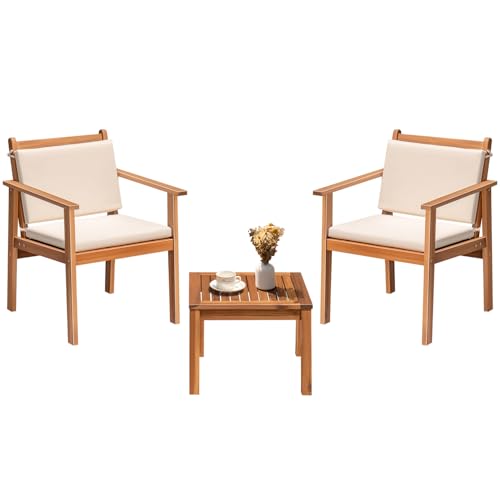 Greesum Outdoor Patio Furniture, 3 Piece Bistro Sofa Set with 1 Coffee Table and 2 Chairs, Acacia Wood Conversation Sets with Cushions, for Garden, Backyard, Poolside, White