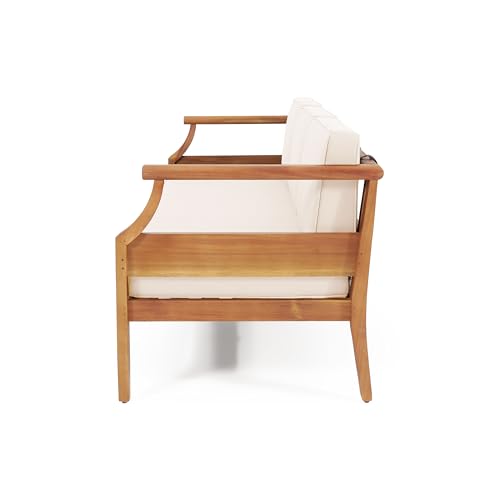 Christopher Knight Home Aston Outdoor 3 Seater Sofa, Upholstered Cushion Couch, Acacia Wood Bench Sofa, Slat Armchair, 73.25" W Spacious Seating Bench Couch for Gardern Porch Balcony, Teak+Beige