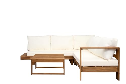 Christopher Knight Home Tenny 5-Seater Acacia Wood Patio Furniture Set, Outdoor Conversation Set with Coffee Table, Patio Sectional Sofa Set for Backyard/Balcony, Teak+Beige