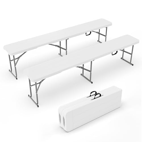 VINGLI 6 feet Plastic Folding Bench,Portable in/Outdoor Picnic Party Camping Dining Seat, Garden Soccer Multipurpose Entertaining Activities, Smooth HDPE Tabletop (2, White, 6ft)
