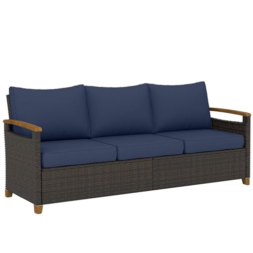 Outsunny 3 Seater Outdoor Couch Sofa, PE Wicker Patio Couch with Wide Deep Seating, 4" Foam Cushions, Wood-Effect Armrests and Legs, Patio Sofa Furniture for Garden, Backyard, Porch, Dark Blue