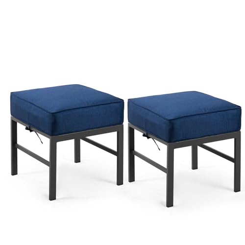 Auzfy 2 Pieces Outdoor Ottomans for Patio, Assembled Patio Ottomans with Bule Cushions, Metal Small Outdoor Footrest for Patio Porch Yard Garden Deck, Gray Frame