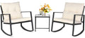 SUNCROWN 3 Piece Outdoor Rocking Bistro Set Black Wicker Furniture Porch Chairs Conversation Sets with Glass Coffee Table, Beige