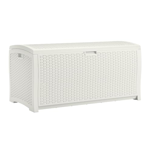 Suncast 99 Gallon Wicker Horizontal Outdoor Deck Box with Hinged Lid, Water-Resistant Storage Solution for Patio, Deck, Yard, and Garage, White, Made in the USA