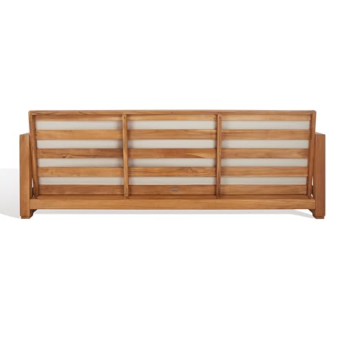 SAFAVIEH Couture Outdoor - Andros Sofa - Brown & Beige - Brazilian Teak Wood - Slatted Design with Removable Cushions - Ideal for Patio, Deck, Porch, Backyard, 16" Seat Height (CPT1010A)