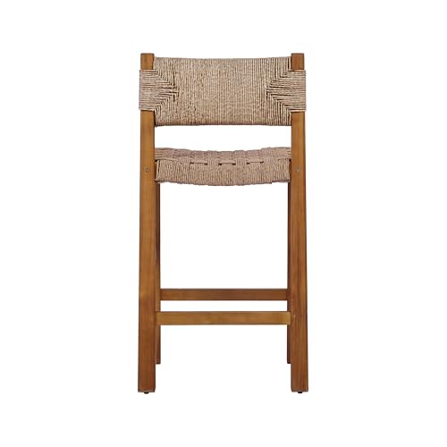 Christopher Knight Home 2-Pack Outdoor Counter Height Bar Stools with Backrest, Acacia Wood Frame Woven Wicker, 28" Patio Bar Chairs with Teak Finish for Deck Balcony Outdoor Bar Table, Light Brown