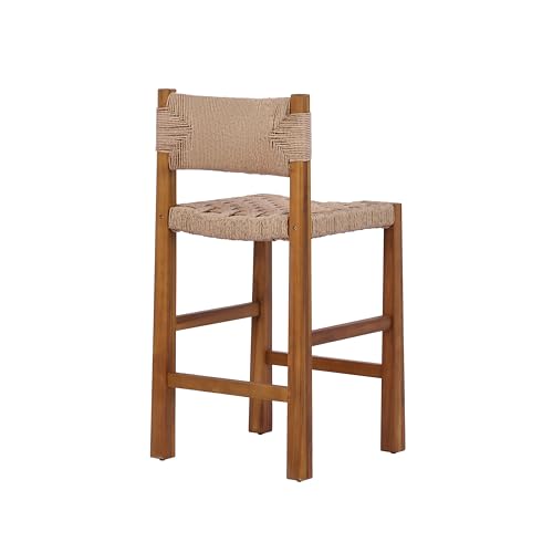 Christopher Knight Home 2-Pack Outdoor Counter Height Bar Stools with Backrest, Acacia Wood Frame Woven Wicker, 28" Patio Bar Chairs with Teak Finish for Deck Balcony Outdoor Bar Table, Light Brown