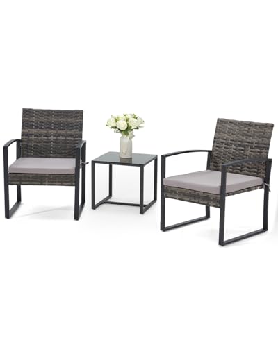 Bezseller 3 Pieces Patio Furniture Set, Outdoor Rattan Bistro Set with Coffee Table, Durable Steel Frame with Strapped Cushions for Garden, Balcony, Poolside, Backyard