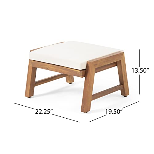 Temecula Outdoor Ottomans with Cushion (Set of 2) - Acacia Wood - Brown/Cream