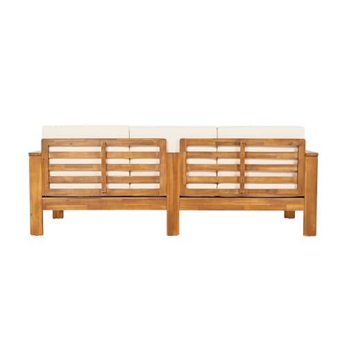 Christopher Knight Home Havets 3 Pieces Outdoor Acacia Furniture Set, Slat Panel Couch, Spacious Seating Armchair, 6" Thick Cushions Sofa and Coffee Table Set for Backyard Garden Balcony, Teak+Beige