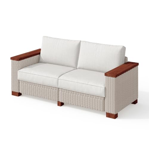 PaPaJet Outdoor Loveseat Patio Sofa, Wicker Couch with Solid Armrests & Legs, 4.7" Thick Cushion, UV-Resistant Modular Sofa for Porch, Backyard, Garden