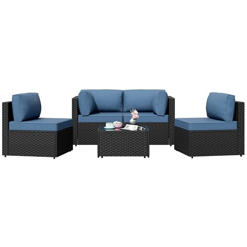 Patio Furniture Sets, 5 Piece Outdoor Sectional Sofas, Wicker Rattan Outdoor Furniture Patio Conversation Set, All-Weather PE Rattan Outdoor Couch for Backyard, Garden, Black & Aegean Blue