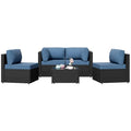 Patio Furniture Sets, 5 Piece Outdoor Sectional Sofas, Wicker Rattan Outdoor Furniture Patio Conversation Set, All-Weather PE Rattan Outdoor Couch for Backyard, Garden, Black & Aegean Blue