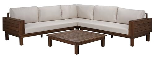 SAFAVIEH Outdoor Patio Furniture Collection - Napoli Teak Brown & Cream Solid Wood 4-Piece Sectional Sofa Set with Coffee Table, Durable Cushions, Modern Outdoor Seating (PAT6806A)