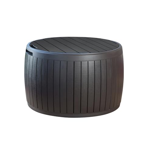Keter Circa 37 Gallon Deck Box Organizer, Works as Ottoman Chair or Side Table, Brown – Large Resin Round Outdoor Storage and Seating for Garden, Pool, and Patio