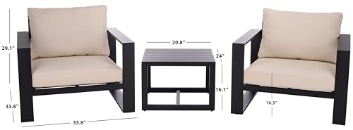 SAFAVIEH Outdoor Patio Furniture Collection – Fash Black & Taupe Cushion 3-Piece Living Set, Modern Outdoor Chairs & Slatted Square Table (PAT7552A)