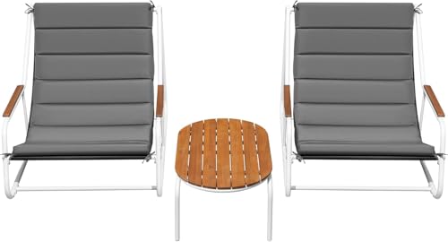 Devoko 3-Piece Patio Furniture Set 2 All-Weather Teslin Chaise Lounge Chairs with Acacia Wood Side Table for Porch, Poolside, Backyard Outdoor Lounge (Grey)