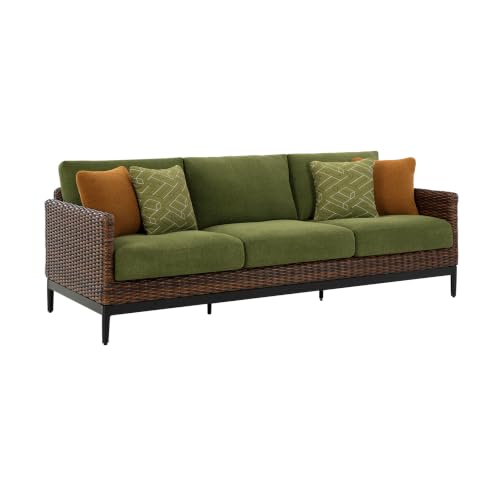 Signature Design by Ashley Horizon Hall Outdoor Sofa with Cushions, Rust-Resistant Aluminum Frame, Handwoven Resin Wicker 3-Seat Patio Couch for Deck or Sunroom, Green/Brown, 88" W