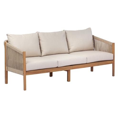 Christopher Knight Home Bubi 5-Seater Patio Furniture Set with Cushion, 4 Piece Outdoor Acacia Wood Conversation Set, Sold Wood Outdoor Sectional Sofa Set with Coffee Table, Teak+Beige
