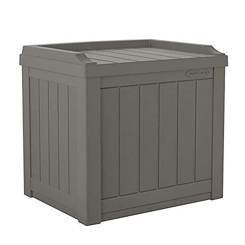 Suncast Outdoor Storage Box - 22 Gallon Stone Gray Resin Outdoor Deck Box with Seat, Weatherproof Patio Storage Bin Container for Keeping Cushions, Tools, & Towels for Pool, Yard, & Garden