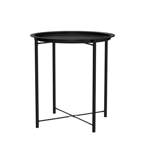 VECELO Side/End Table, Folding Round Metal Anti-Rust and Waterproof Outdoor or Indoor Tray for Living Room Bedroom Balcony and Office, 2 PCS, Black