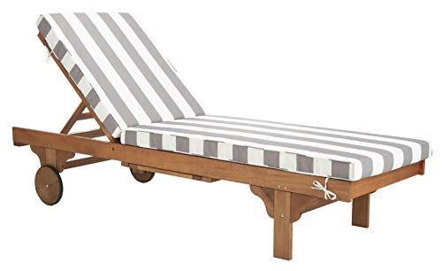 SAFAVIEH Outdoor Collection Newport Natural/ Grey & White Stripe Cushion Built-in Side Table Adjustable Chaise Lounge Chair