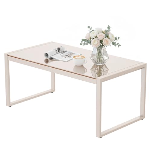 ONBRILL Rectangle Coffee Table with Tempered Glass Desktop, Galvanized Frame Outdoor Coffee Table with Adjustable Feet for Patio, Balcony, Deck, Living Room, Sand