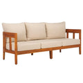 SAFAVIEH Outdoor - Owen 3-Seat Sofa - Natural & Taupe - Solid Wood with Cushion - Mid-Century Coastal Slatted Design - Ideal for Patio, Deck, Porch, Backyard, 15" Seat Height (PAT7091A)